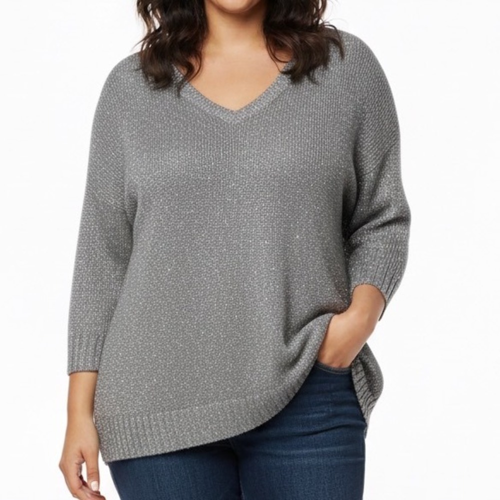 LAUREN Ralph Lauren‎ Silver Metallic V-Neck Sweater 1X Sparkle Holiday Glitter